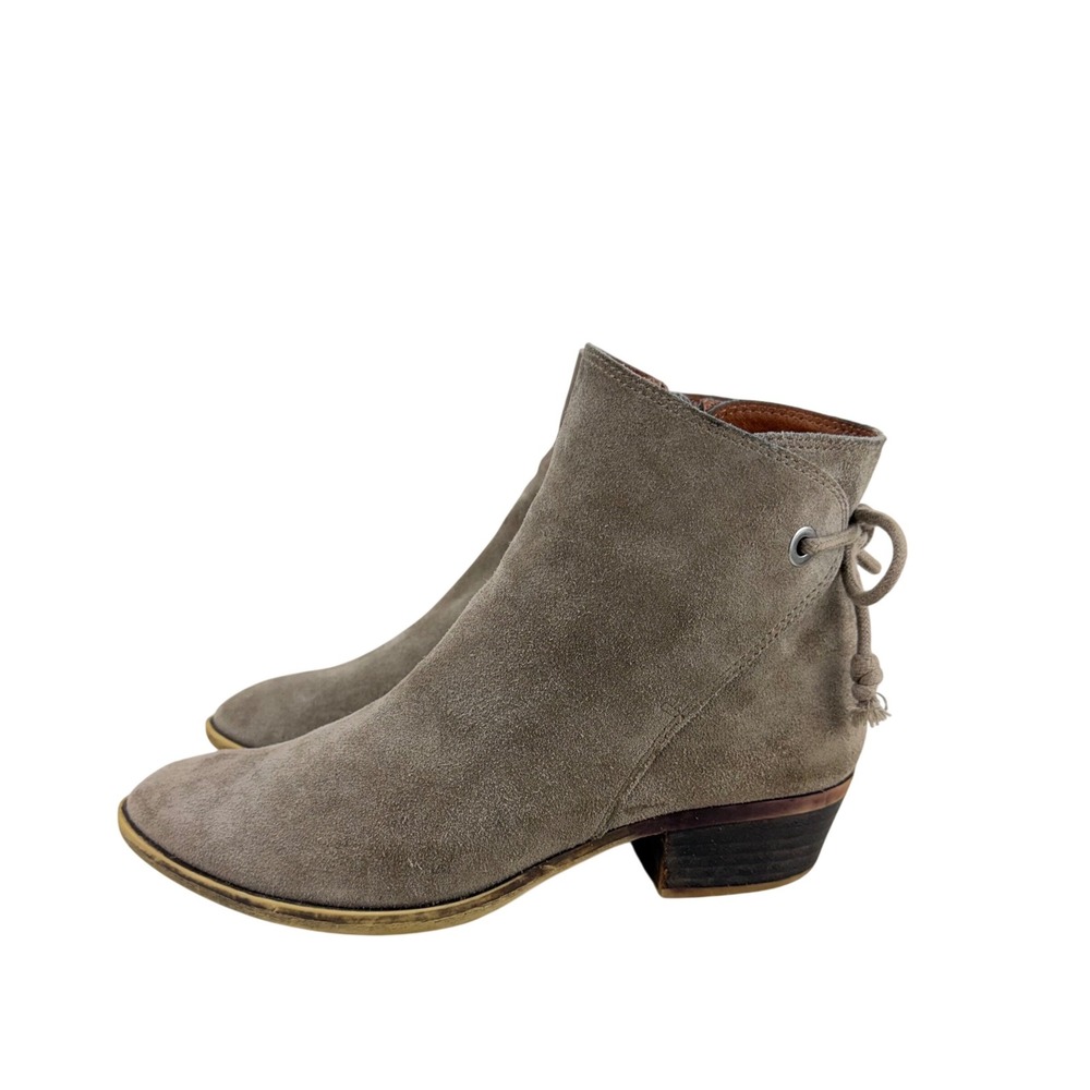 Lucky Brand Bwenore Taupe Suede Ankle Boots Tie Back Side Zip Womens 6.5M 36.5